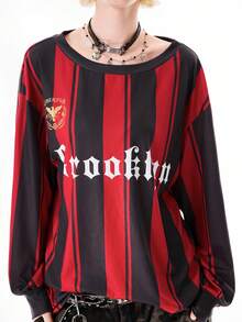 Bloopia 女士梭织数码印花复古条纹露肩宽松休闲时尚套头衫，秋季 - 彩色 - 查看 6