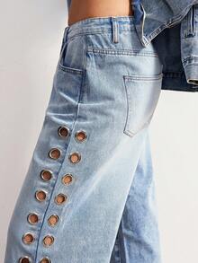 Bohemela Women's Solid Color Metal Grommet Pocket Casual Pants - Blue - View 5