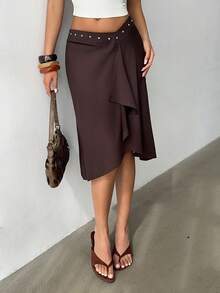 Aloruh 女士时尚优雅黄色条纹不对称超低腰斜条纹及膝修身喇叭裙，适合度假和日常穿着 - 棕色 - 查看 4