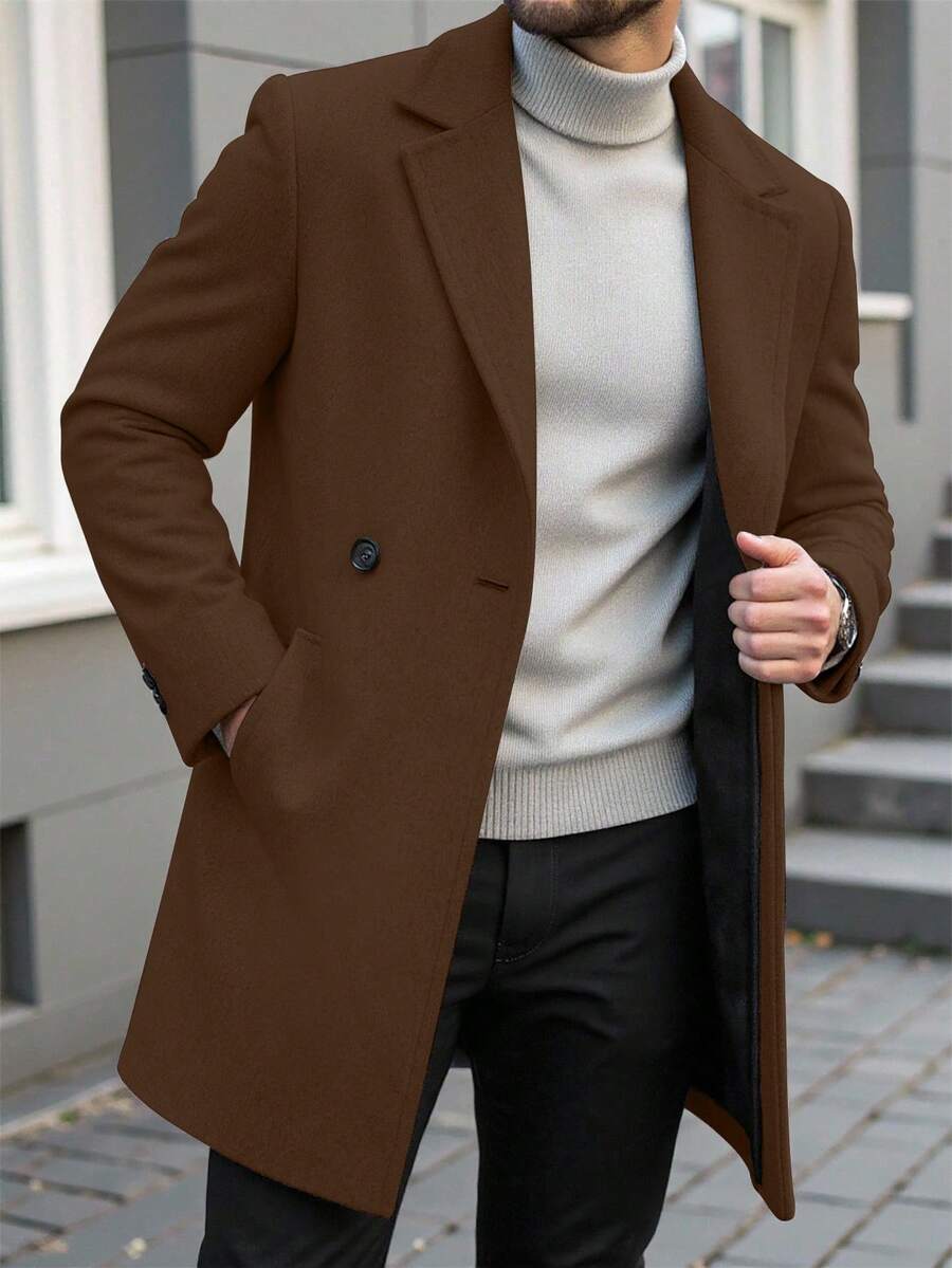 Manfinity Homme 男士纯色口袋纽扣长袖大衣,秋季外出外套,送给朋友、丈夫、男友的礼物,棕色男士外套,休闲商务风 - 棕色 - 查看 1