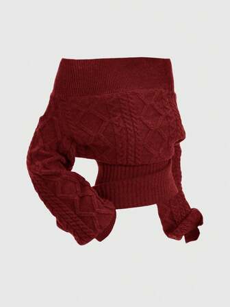 كنزة صوفية صوفية رومانسية سميكة بنمط حرف Z وزهور عميقة، كتف مكشوف، أكمام فانوس، باللون الرمادي