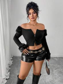 INAWLY Blusa elegante con cremallera y cuello con borde de peluche para mujer de talla grande - Negro - Ver 5