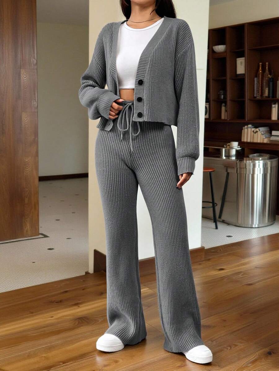 SHEIN EZwear 秋冬季女士休闲纯色长袖针织开衫两件套 - 深灰色 - 查看 1