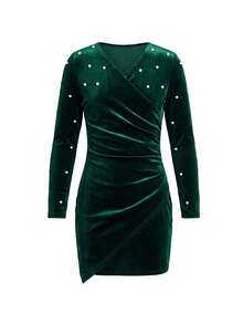 SHEIN Tween Girls Green Velvet V-Neck Beaded Christmas Dress, Suitable For Autumn And Winter, Party Wear, Daily Wear School, Birthday Dress, Princess Dress - Green - View 1