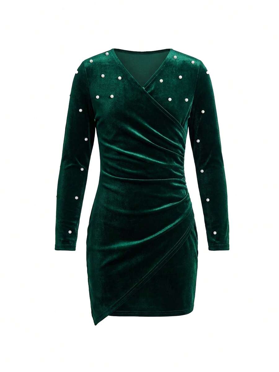 SHEIN Tween Girls Green Velvet V-Neck Beaded Christmas Dress, Suitable For Autumn And Winter, Party Wear, Daily Wear School, Birthday Dress, Princess Dress - Green - View 1