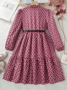 SHEIN 少女花卉泡泡袖返校禮服 秋季女童洋裝 - 彩色 - 查看 2