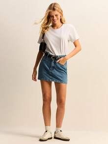 Daynim Chân váy denim bạc màu in họa tiết chấm bi - Rửa tối - Xem 5