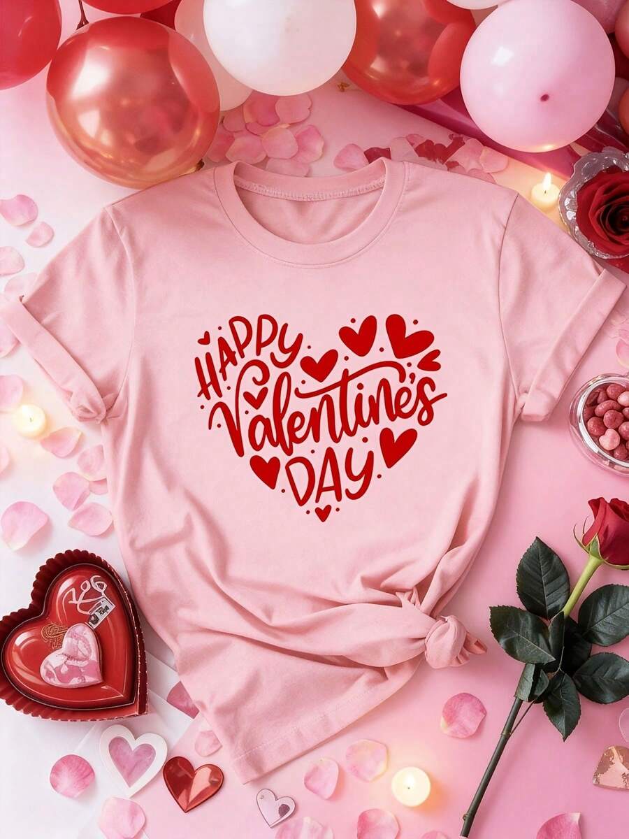 Mujer casual blusa temática con impresión "Happy Valentine's Day" de corazones, tejido suave y cómodo, diseño holgado, cuello redondo, manga corta, primavera verano, ideal para salidas, reuniones y celebraciones, blusa - Rosa - Ver 1