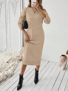 EMERY ROSE Women's Coffee Brown Straight Simple Knit Sweater Dress - Khaki - View 3