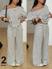 Coolane Women's  Winter  Concert Outfit	Rave Outfit	Festival	Going Out	Rave Outfit	Renaissance Fair	Club Outfits	Party  Knit  Striped  Graphics  Off The Shoulder  Two Piece - Black and White - View 2