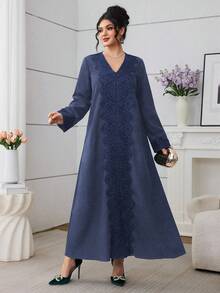 Al Najma Váy ren xanh lá cây phong cách Ả Rập thường ngày dành cho nữ - Màu xanh bụi bặm - Xem 7