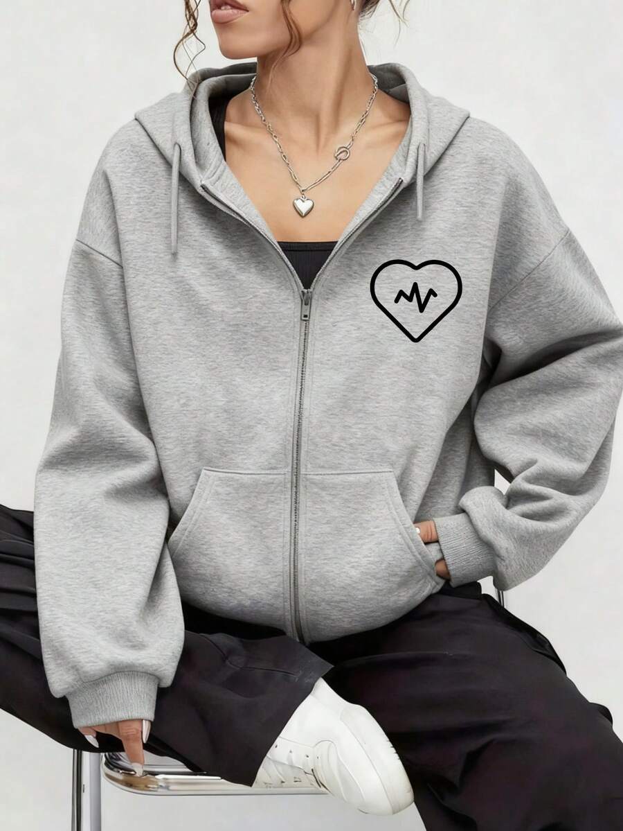 Sudadera con capucha de cierre completo color rojo vino con estampado de corazón y línea de latido cardíaco para uso casual y deportivo - Gris - Ver 1