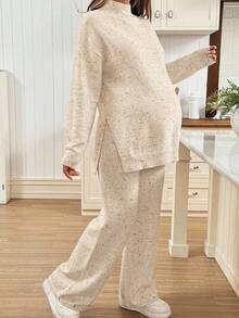 SHEIN Maternity Casual Warm Side Slit Dropped Shoulder Sweater And Pants Set, Autumn/Winter
