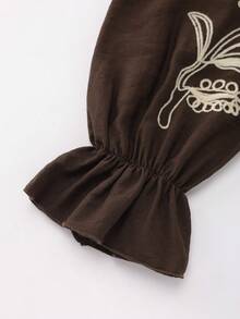 Chiquease 女士时尚休闲宽松荷叶边V领刺绣上衣和阔腿裤两件套，长袖，秋季 - 棕色 - 查看 6