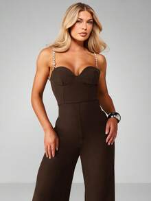 MISSGUIDED Diamante Strap Bustier Wide Leg Jumpsuit With Sweetheart Neckline And Crystal Embellished Straps - Coffee Brown - View 3