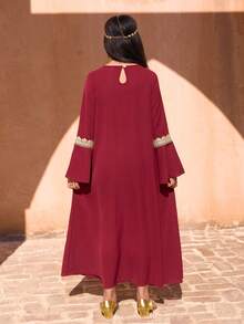 Women & Teenage Girls' Robe: Burgundy Base With Golden Lace Embroidery, V-Neck + Flare Sleeves, Elegant & Vintage, Suitable For Traditional Arab Clothing, Abaya, Ramadan Family Gatherings - Red - View 2
