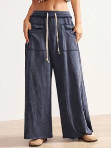 Bohemela Quần nỉ ống rộng dệt kim trơn màu đơn giản dành cho nữ - Xám - Xem 3