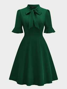 Rometta Plus Size Women V-Neck Tie-Front Ruffle Sleeve Elegant Dress - Green - View 1