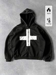 ROMWE MEN sweat-shirt à capuche ample zippé pour hommes avec patch de broderie en forme de croix - Noir - Voir 1