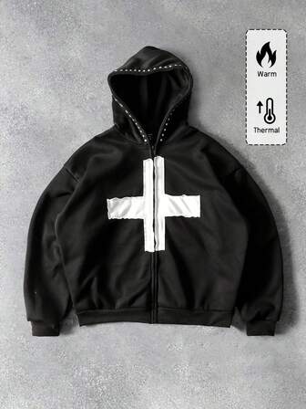 Sudadera con capucha de ajuste holgado con parche bordado de cruz para hombres