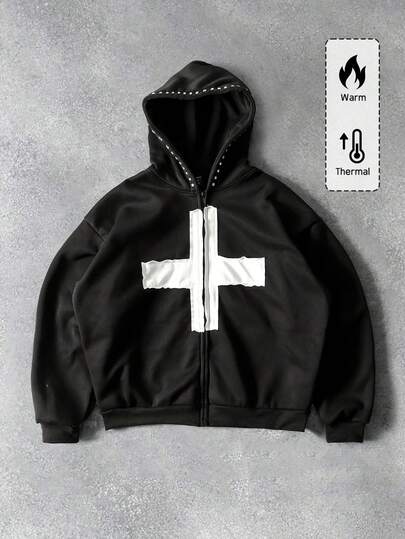 Felpa con cappuccio oversize da uomo con chiusura lampo e toppe ricamata a croce