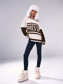 Musera Sport Thick Knit Oversized Slogan Jumper, Y2K 90's Casual Cute Active Ski Club Snow Comfy Airport Holiday Fall Autumn Winter Everyday Office   Chic Sweater - Brown - View 3