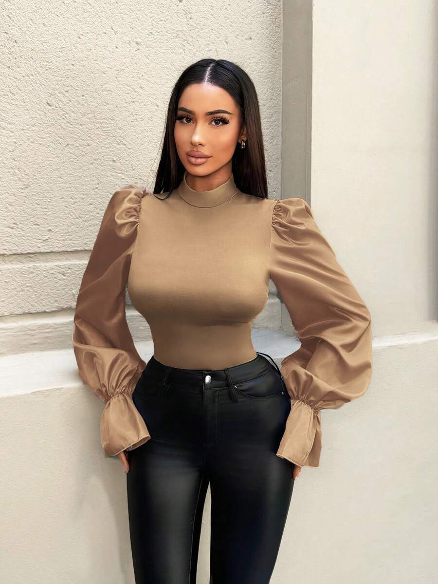 Zolique Áo cánh thời trang ôm sát cổ đứng tay loe màu trơn dành cho nữ - màu nâu - Xem 1