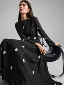 Ontre 2026春夏女士长款波点连衣裙，黑白配色，适合派对和情人节穿着，A字版型，收腰设计，长袖，圆领，休闲时尚，商务休闲，通勤穿着，显瘦，都市日常穿搭，简约优雅，百搭长裙 - 黑色 - 查看 1