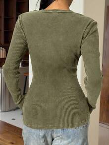 SHEIN EZwear 橄榄绿色针织纽扣锁眼长袖紧身休闲女式 T 恤