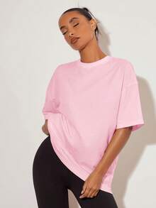 SHEIN BASICS maglietta casual da donna a maniche corte, vestibilità morbida e ampia, spalle scoperte, colore tinta unita, estiva - Rosa Baby - Visualizzare 4
