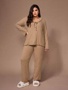 Lazeform Plus Size Women Gentle Knit Striped Long Sleeve Top And Pants Pajama Set - Brown - View 5