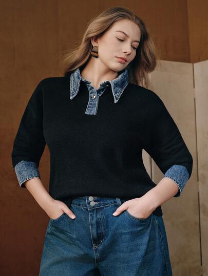 Anewsta Suéter de punto con cuello de camisa de talla grande con diseño de patchwork, para otoño/invierno