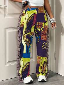 BamGleam 女士时尚街头风撞色流苏细节松紧腰裤 - 彩色 - 查看 3