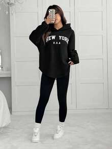 SHEIN EZwear 女士新款字母刺绣连帽衫和加厚打底裤两件套，秋冬季保暖套装 - 黑色 - 查看 4