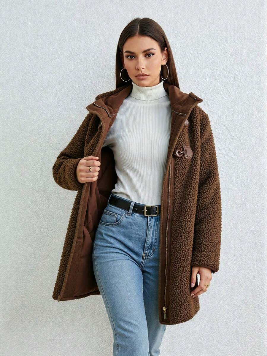 Chaqueta de cordero de lana falsa para mujeres - revestimiento de piel hermético, revestimiento de poliéster suave y cómodo, capucha abierta, estilo exquisito, tejidos de alta calidad, adecuado para desplazamientos diarios en otoño e invierno, ocio de fin de semana para salir a usar - Marrón - Ver 1