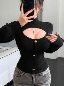 DAZY 镂空立领金属扣装饰修身优雅黑色长袖T恤，女士款，适合情人节、新年、圣诞节、婚礼和派对等场合。Y2K风格 - 黑色 - 查看 6