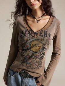 Easelle 女士V领蝴蝶印花时尚百搭喇叭袖T恤 - 咖啡棕 - 查看 3