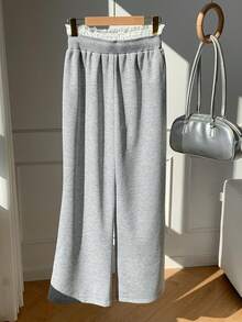 Comfortcana 女士休闲日常通勤撞色蕾丝纸袋腰宽松阔腿运动裤 - 灰色 - 查看 2