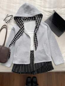Comfortcana Women's Casual Commuting School Style Patchwork Plaid Knot Collar Zip-Up Hooded Fleece Sweatshirt, Warm For Autumn/Winter - Grey - View 6