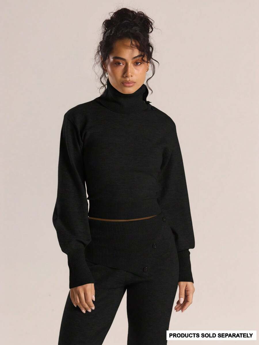 MUSERA 不对称翻领纽扣领口，泡泡袖收口针织套头衫，冬季针织衫，休闲外出日常夜生活性感可爱舒适时尚春季款 - 黑色 - 查看 1