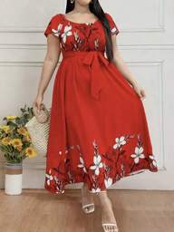 EMERY ROSE Plus Size Women Summer Floral Print Round Neck Short Raglan Sleeve Long Dress, For Christmas Maxi Women Outfit