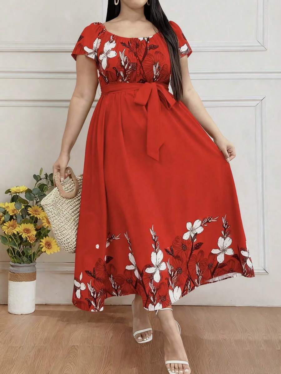 EMERY ROSE 大码女式夏季印花圆领短袖插肩长连衣裙,圣诞节女式长裙套装 - 紅色 - 查看 1
