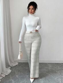 Elenzga Knitted Elastic Argyle Casual Women's Pants, High-Waisted Slim Fit Straight Leg Trousers, Autumn New Arrival