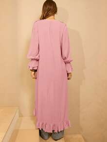 Aralina 冬季长袖荷叶边前开襟长款波西米亚风开衫连衣裙 - 淺粉色 - 查看 2