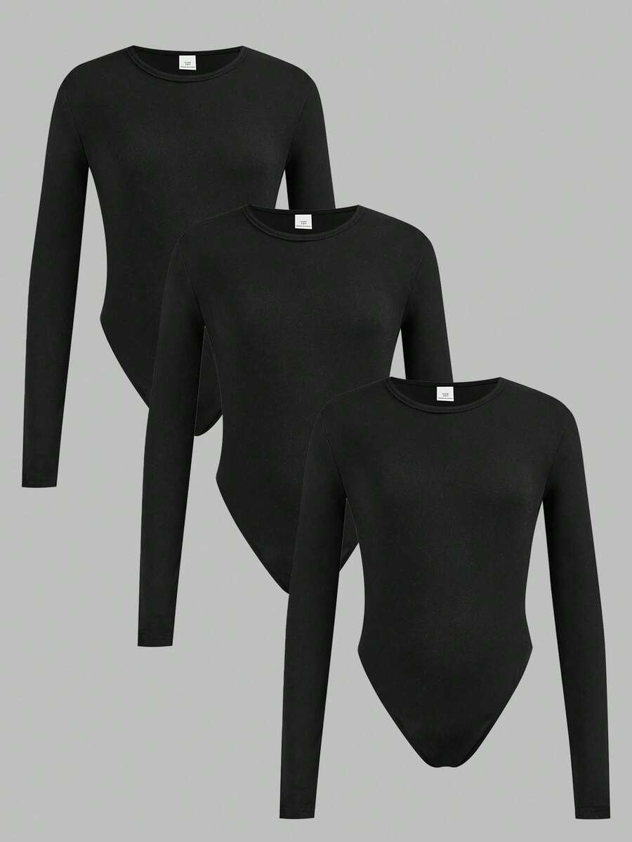 Girlism 3件套少女黑色长袖修身休闲简约舒适百搭连体衣,时尚百搭,适合日常穿着,春秋季女童必备。 - 黑色 - 查看 1