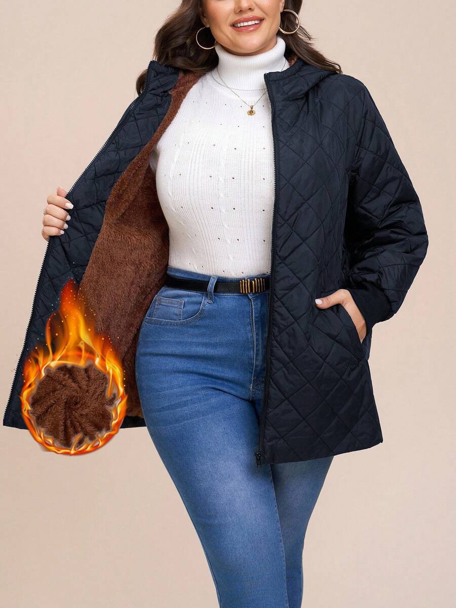 SHEIN LUNE Plus Size Quilted Cotton Padded Hooded Jacket, Casual & Warm For Autumn/Winter - Royal Blue - View 1