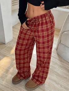 CovetEZ Women's Belted Plaid Straight Leg Loose Casual Pants - Red - View 7