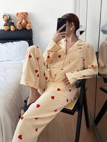 Dream Adore 条纹爱心印花翻领长袖长裤女士睡衣套装 - 黃色 - 查看 5