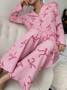 SHEIN 女士领结条纹印花长袖睡衣套装 - 彩色 - 查看 2