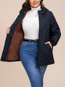 SHEIN LUNE Plus Size Quilted Cotton Padded Hooded Jacket, Casual & Warm For Autumn/Winter - Royal Blue - View 9